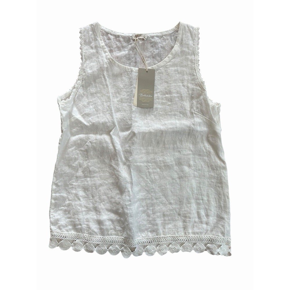 Bellambra Top Women's Small White 100% Linen Sleeveless Tank Lace Trim #BB2-1